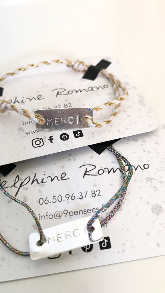 Bracelet cordon et plaque personnalisée argent - 9 Pensées